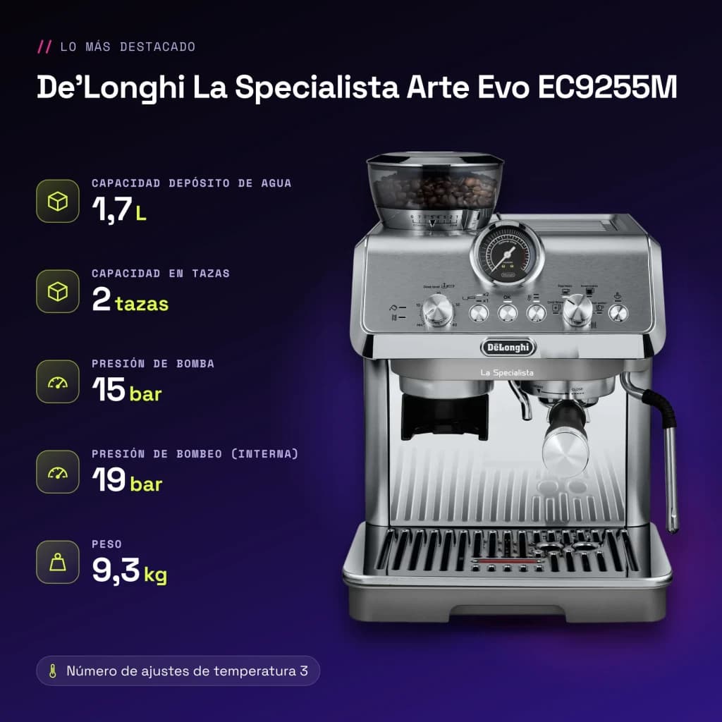 Cafetera Express De'Longhi La Specialista Arte Evo 1,7L Molinillo Acero Inox 8 Posiciones Gris EC9255M - características