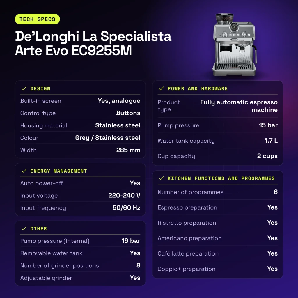 Cafetera Express De'Longhi La Specialista Arte Evo 1,7L Molinillo Acero Inox 8 Posiciones Gris EC9255M - características