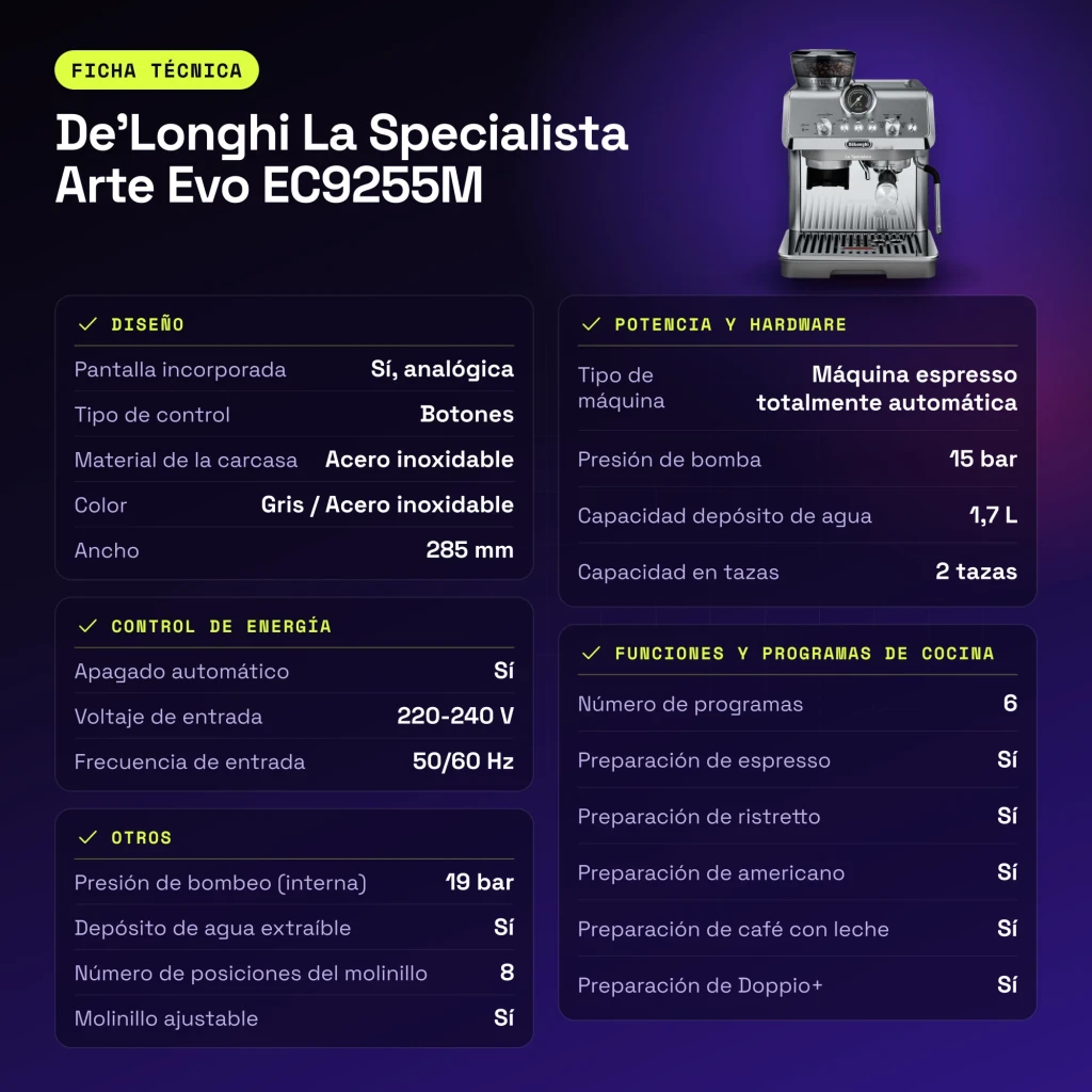 Cafetera Express De'Longhi La Specialista Arte Evo 1,7L Molinillo Acero Inox 8 Posiciones Gris EC9255M - características