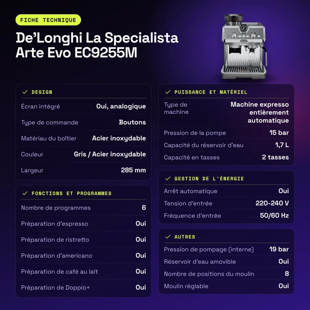 Cafetera Express De'Longhi La Specialista Arte Evo 1,7L Molinillo Acero Inox 8 Posiciones Gris EC9255M - características