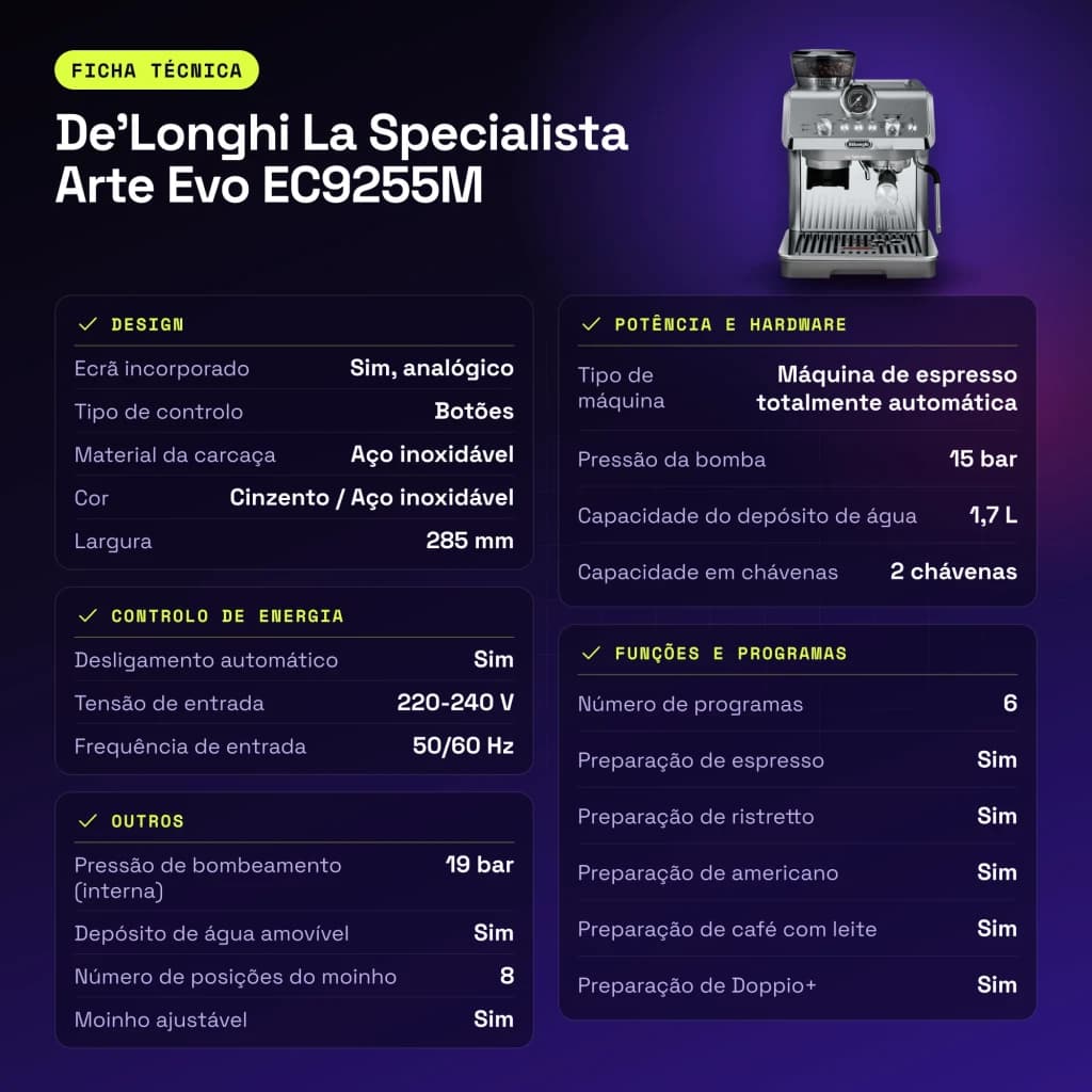 Cafetera Express De'Longhi La Specialista Arte Evo 1,7L Molinillo Acero Inox 8 Posiciones Gris EC9255M - características
