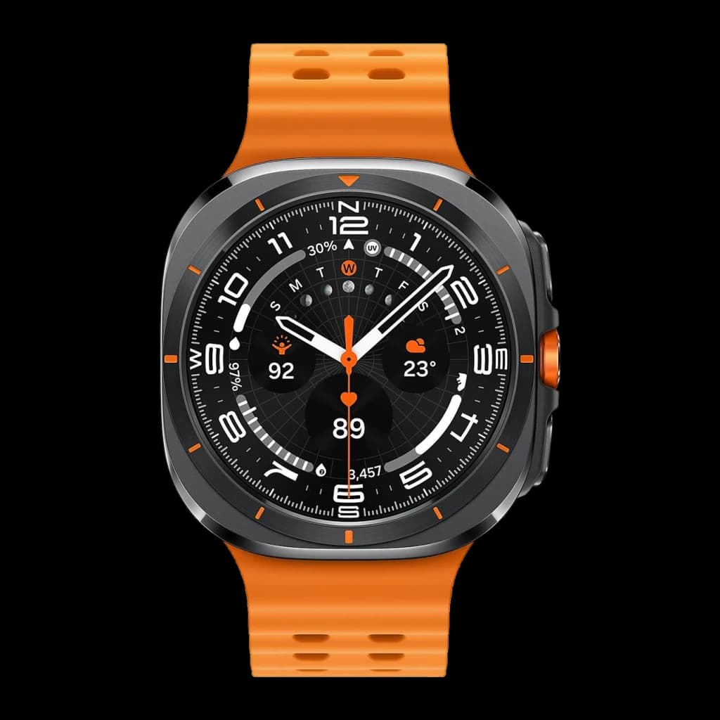 Samsung Galaxy Watch Ultra 47mm Gris Titanio Tensión Arterial, detalle: esfera frontal con correa naranja, bisel titanio