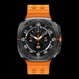 Samsung Galaxy Watch Ultra 47mm Gris Titanio Tensión Arterial, detalle: esfera frontal con correa naranja, bisel titanio