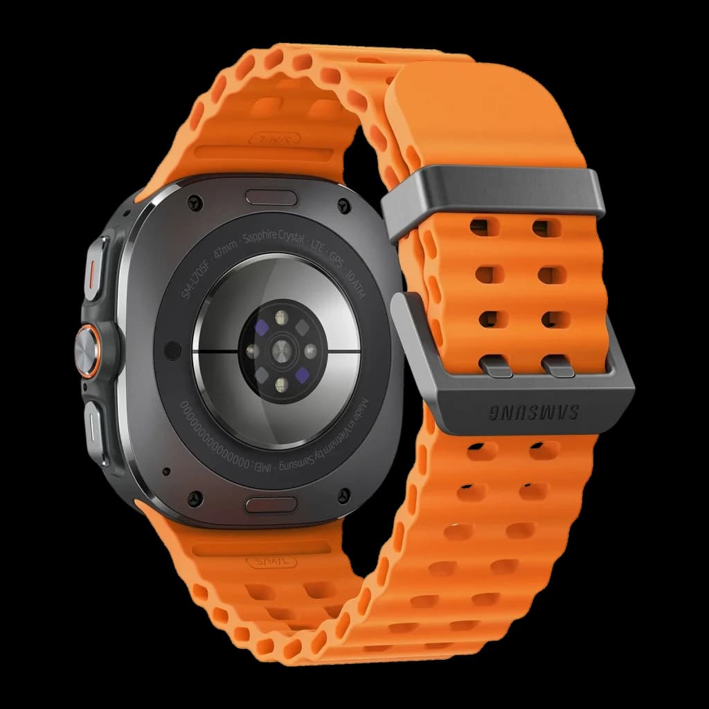 Samsung Galaxy Watch Ultra 47mm Gris Titanio Tensión Arterial, vista trasera: sensor de salud y correa naranja perforada