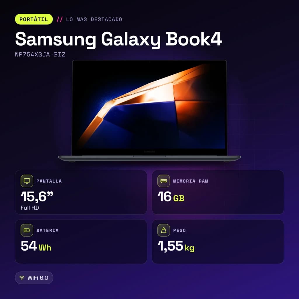 Portátil Samsung Galaxy Book4 16GB/512GB 15,6 pulgadas FHD Intel Core 7 150U SSD NVMe Windows 11 Home Gris NP754XGJA-BIZ - características