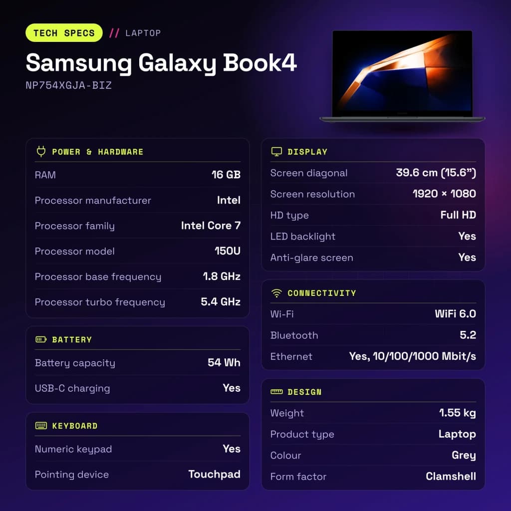 Portátil Samsung Galaxy Book4 16GB/512GB 15,6 pulgadas FHD Intel Core 7 150U SSD NVMe Windows 11 Home Gris NP754XGJA-BIZ - características