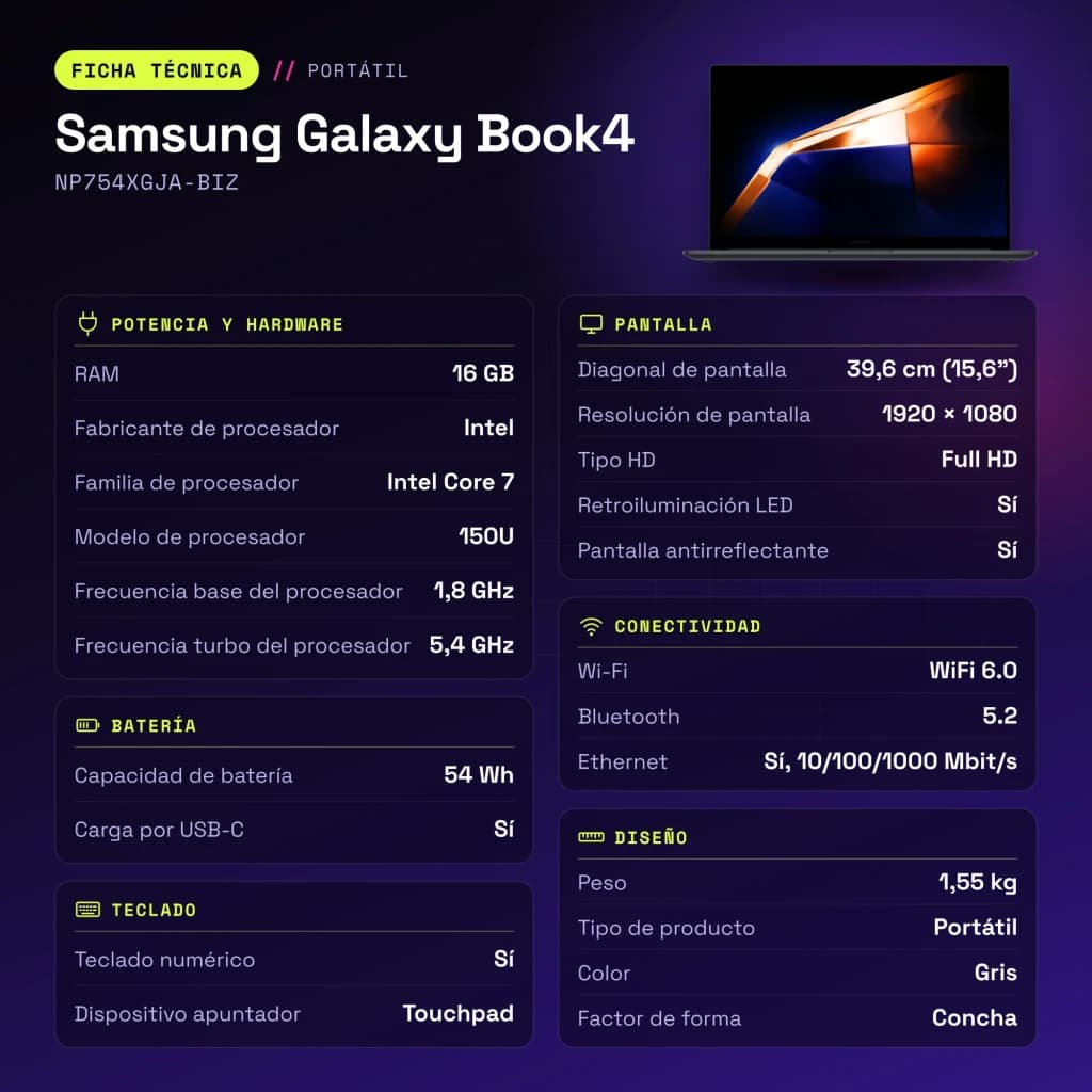 Portátil Samsung Galaxy Book4 16GB/512GB 15,6 pulgadas FHD Intel Core 7 150U SSD NVMe Windows 11 Home Gris NP754XGJA-BIZ - características