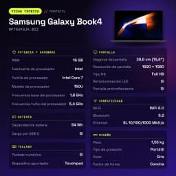 Portátil Samsung Galaxy Book4 16GB/512GB 15,6 pulgadas FHD Intel Core 7 150U SSD NVMe Windows 11 Home Gris NP754XGJA-BIZ - características