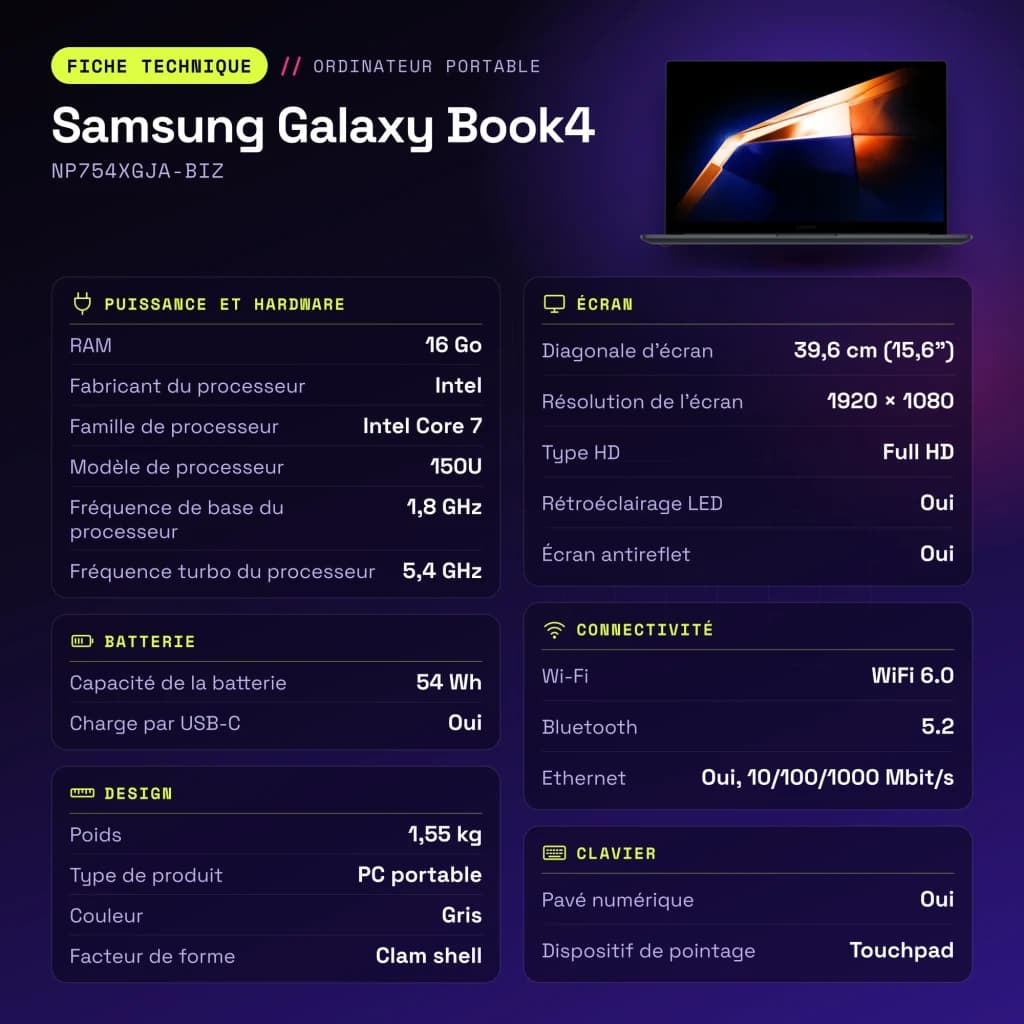 Portátil Samsung Galaxy Book4 16GB/512GB 15,6 pulgadas FHD Intel Core 7 150U SSD NVMe Windows 11 Home Gris NP754XGJA-BIZ - características