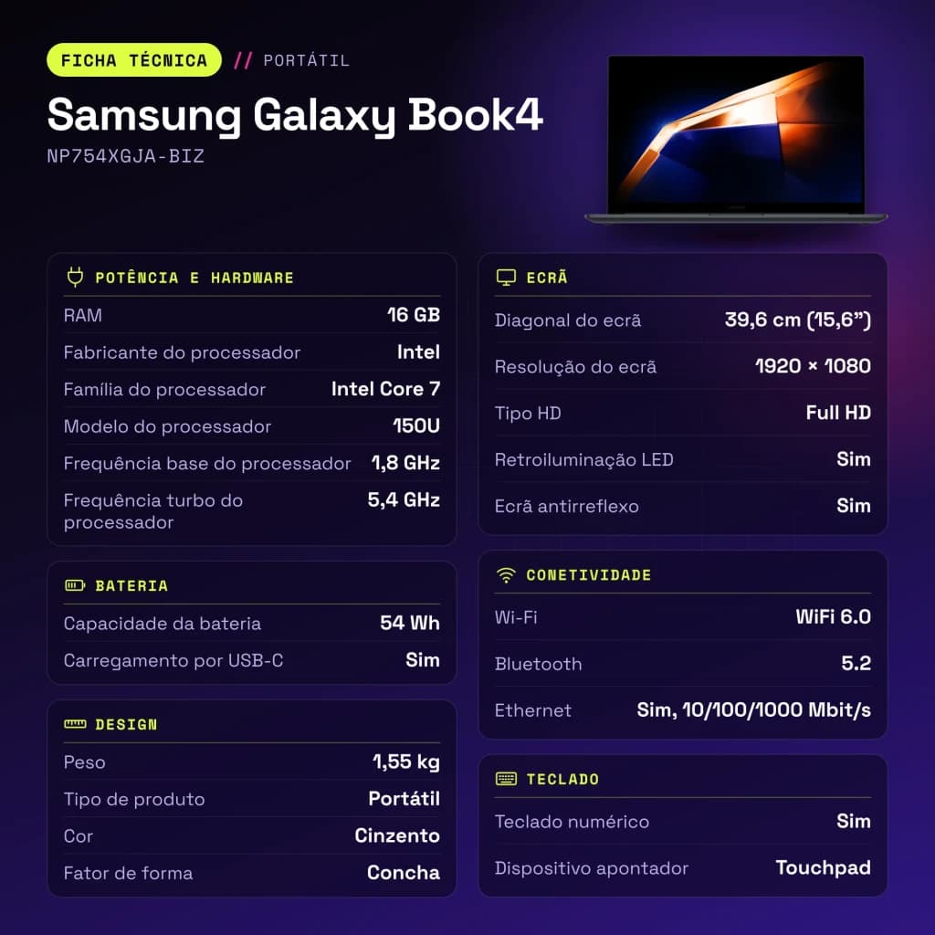 Portátil Samsung Galaxy Book4 16GB/512GB 15,6 pulgadas FHD Intel Core 7 150U SSD NVMe Windows 11 Home Gris NP754XGJA-BIZ - características