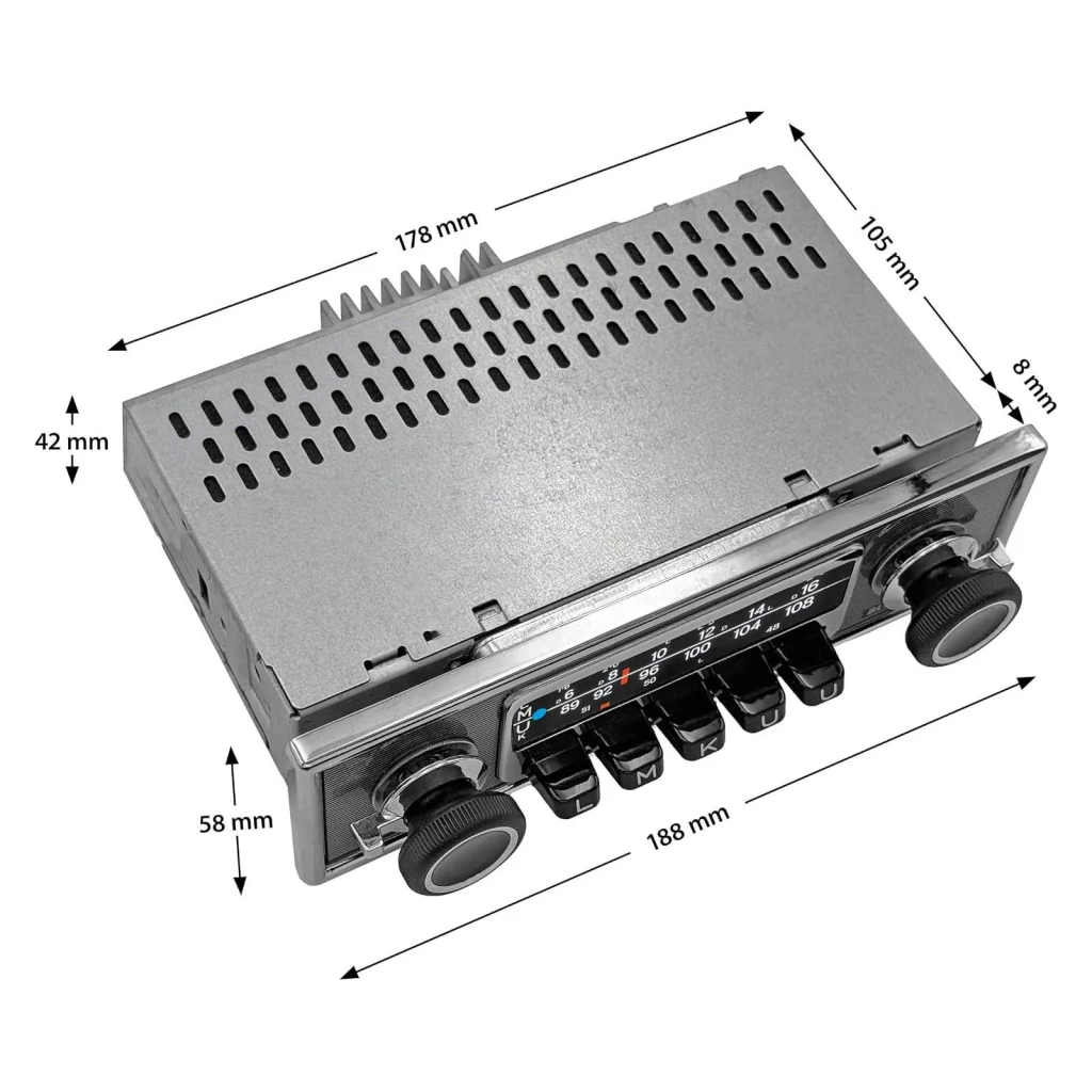 Auto-rádio Blaupunkt Frankfurt Stereo MB Preto 3 polegadas TFT 1 DIN Bluetooth, vista perspetiva com cotas: dimensões