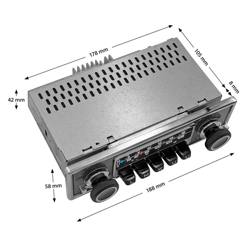 Auto-rádio Blaupunkt Frankfurt Stereo MB Preto 3 polegadas TFT 1 DIN Bluetooth, vista perspetiva com cotas: dimensões