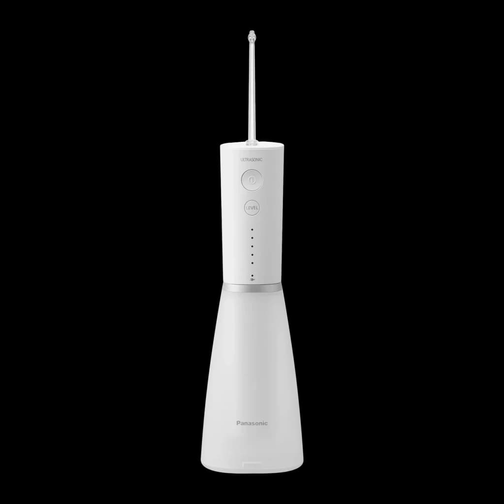 Irrigateur oral Panasonic EW-DJ86 Sans Fil 5 Niveaux Blanc, vue de face: buse, boutons marche et niveau, réservoir conique