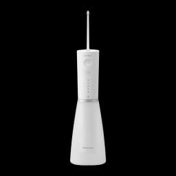 Irrigateur oral Panasonic EW-DJ86 Sans Fil 5 Niveaux Blanc, vue de face: buse, boutons marche et niveau, réservoir conique