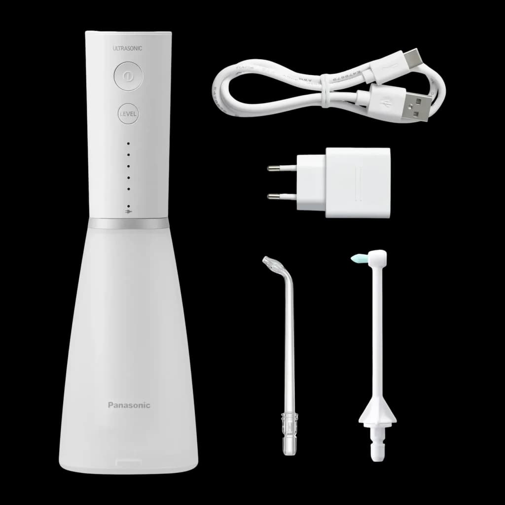 Irrigateur oral Panasonic EW-DJ86 Sans Fil 5 Niveaux Blanc, détail: contenu boîte avec buses, câble USB et chargeur