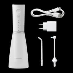 Irrigateur oral Panasonic EW-DJ86 Sans Fil 5 Niveaux Blanc, détail: contenu boîte avec buses, câble USB et chargeur