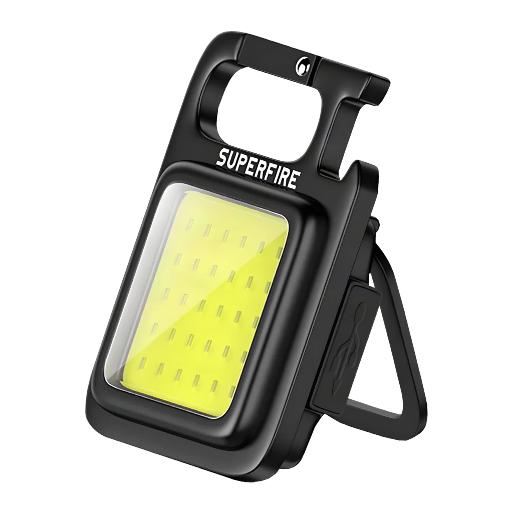Lampe de poche LED Superfire MX16 Noir Rechargeable USB-C 600 lumens, vue avant: panneau COB jaune, mousqueton supérieur