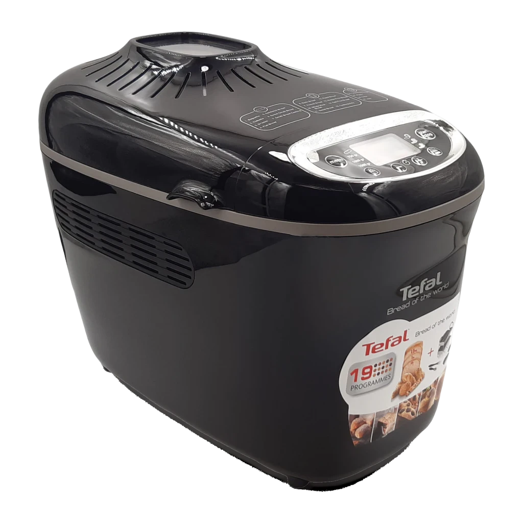 Machine à pain Tefal 1600W 1,5kg Noir PF611838, détail: vue latérale avec panneau LCD, grilles et étiquette 19 programmes