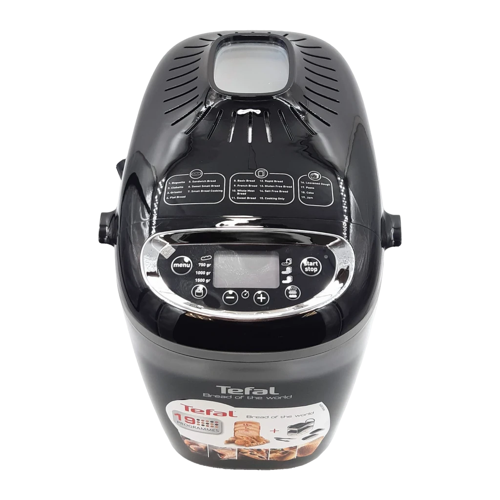Machine à pain Tefal 1600W 1,5kg Noir PF611838, détail dessus: panneau de commande, écran LCD et 19 programmes visibles