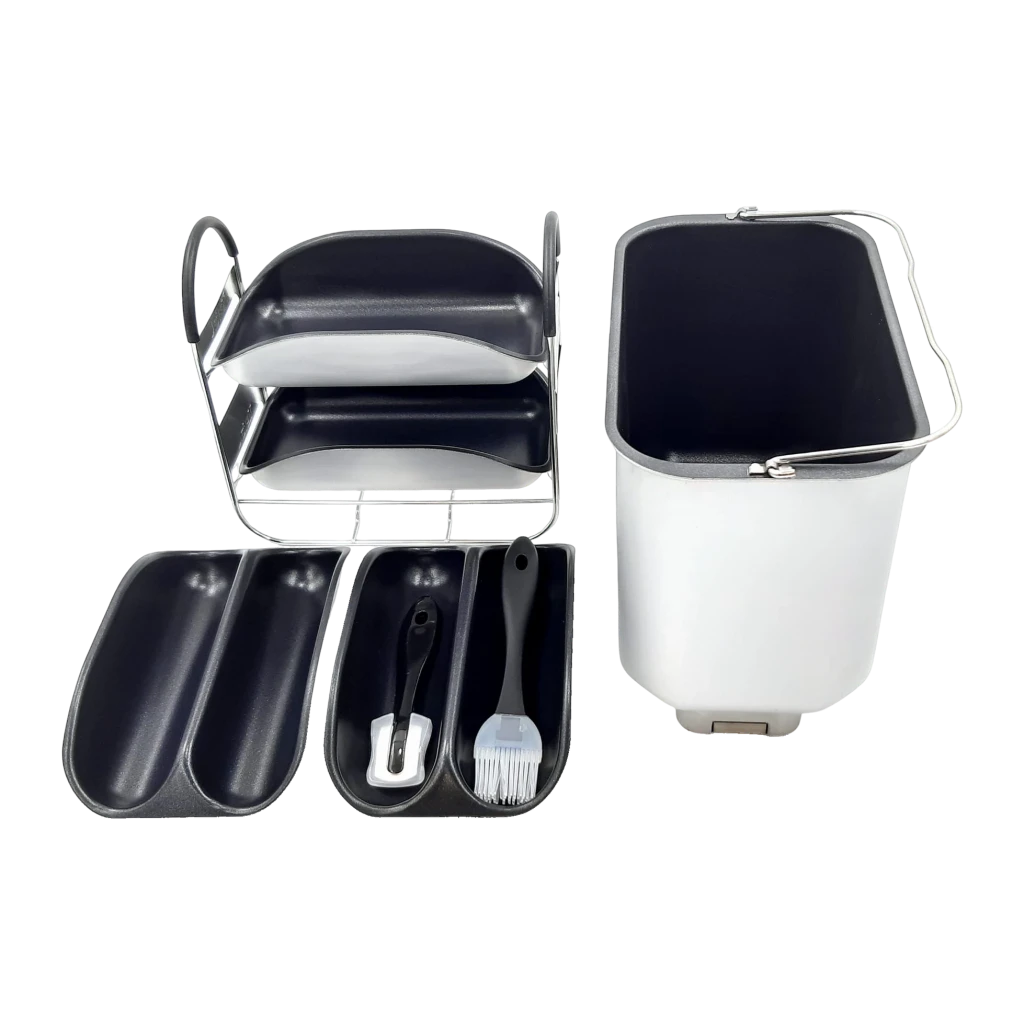 Machine à pain Tefal 1600W 1,5kg Noir PF611838, détail: cuve, moules antiadhésifs, cuillères doseuses et pinceau inclus