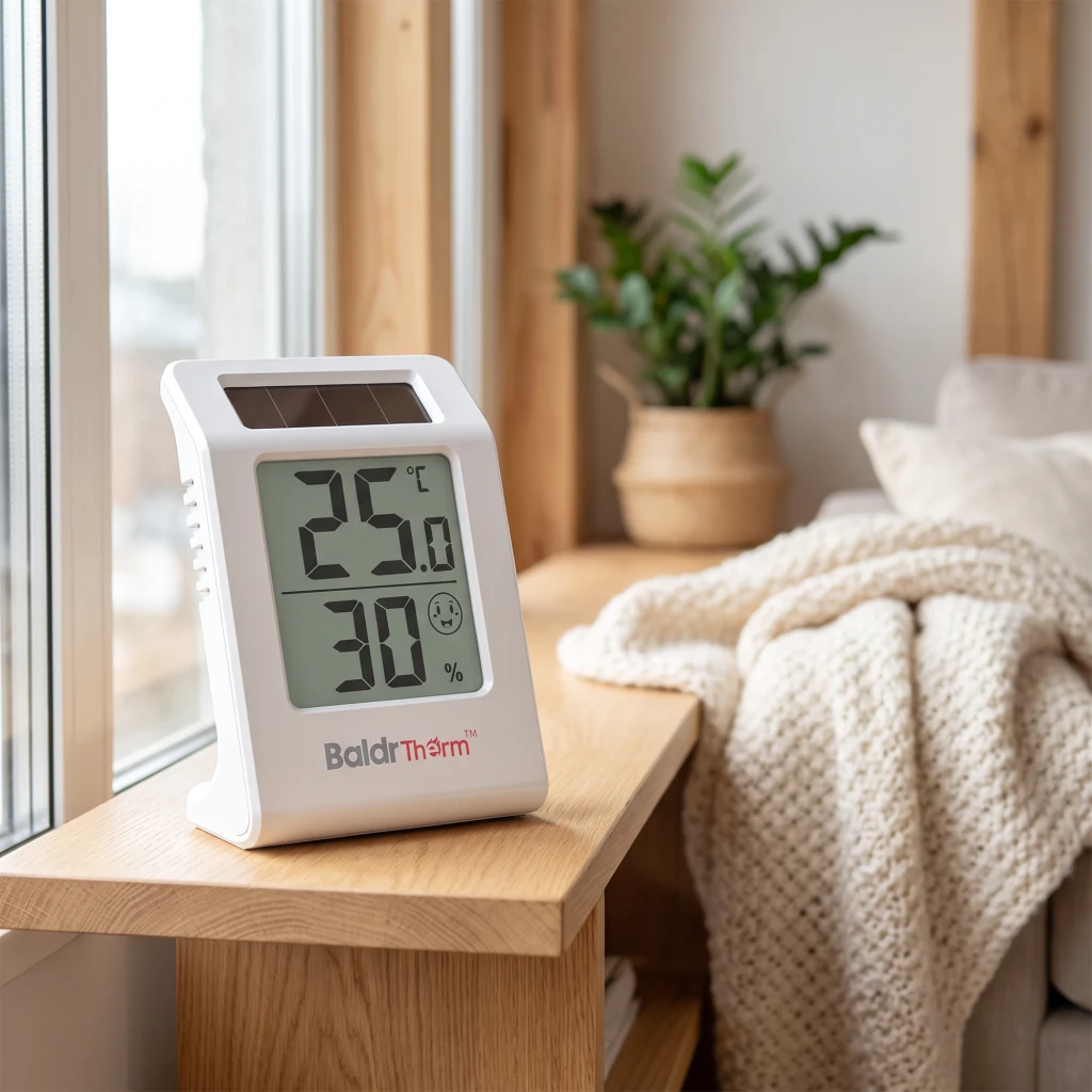 Termohigrómetro Rainpoint Solar Temperatura y Humedad AAA incluida Blanco E0587TH, en uso: sobre mesa de madera junto