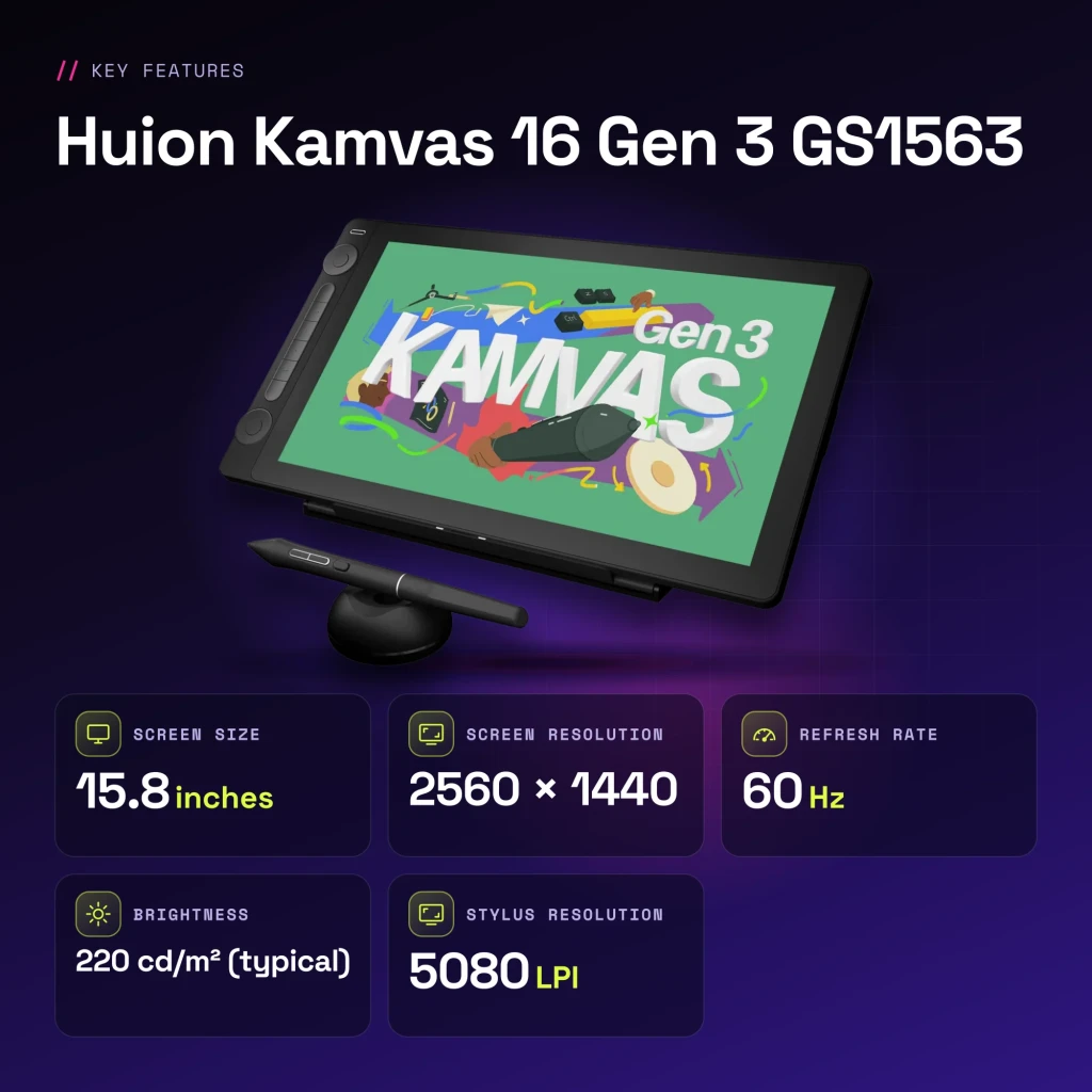 Tablet gráfica Huion Kamvas 16 Gen 3 Preto com Ecrã 15,8 polegadas QHD 2560x1440 GS1563 - características