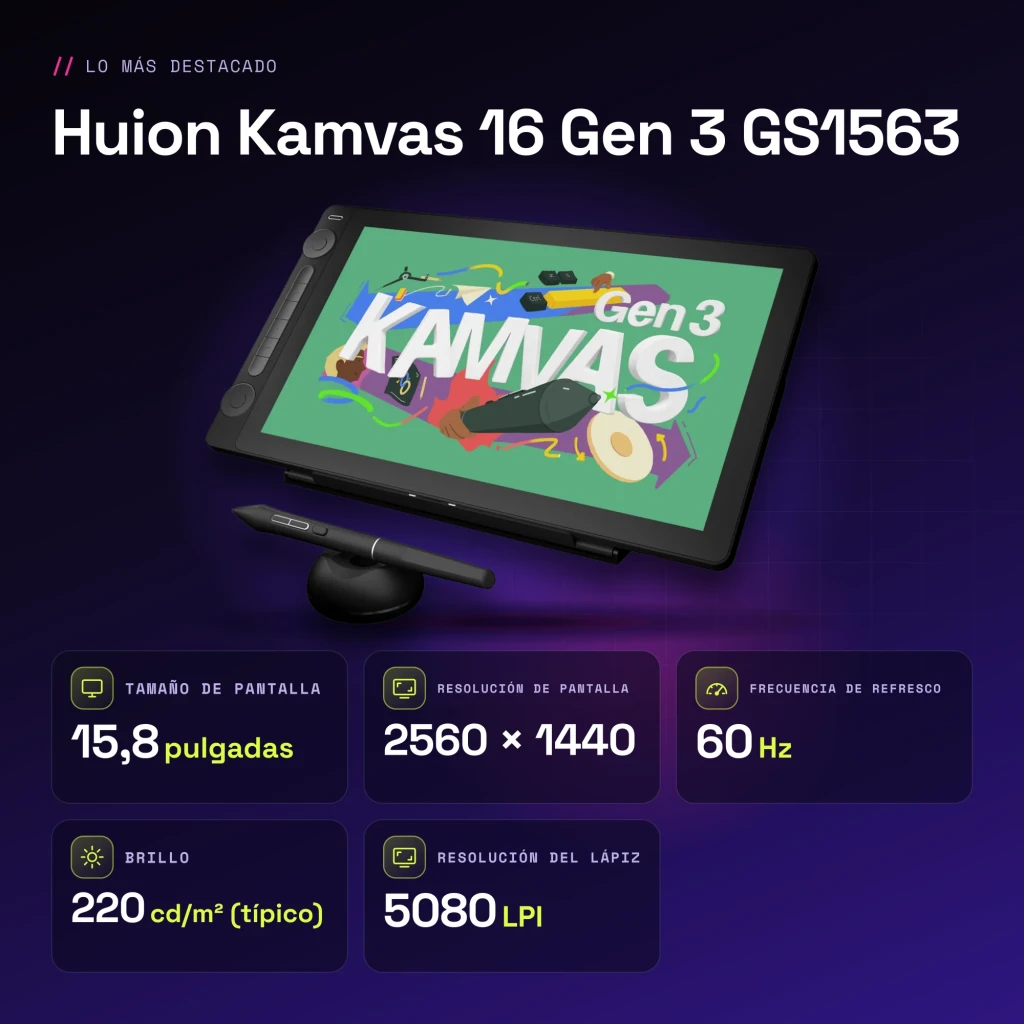 Tablet gráfica Huion Kamvas 16 Gen 3 Preto com Ecrã 15,8 polegadas QHD 2560x1440 GS1563 - características