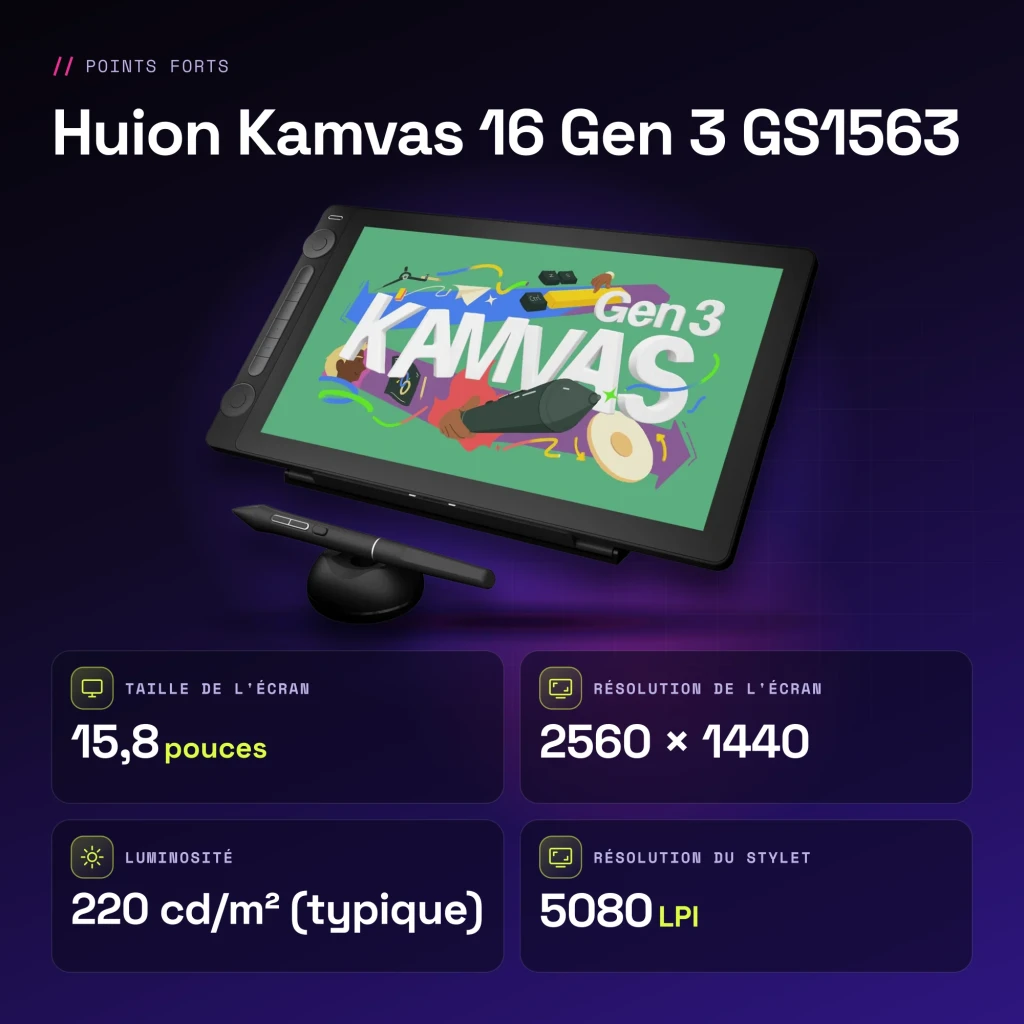 Tablet gráfica Huion Kamvas 16 Gen 3 Preto com Ecrã 15,8 polegadas QHD 2560x1440 GS1563 - características