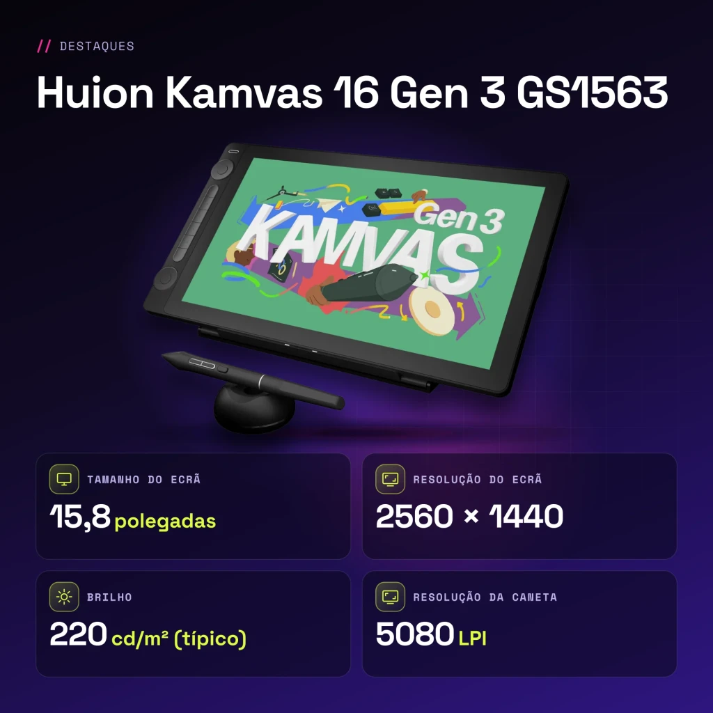 Tablet gráfica Huion Kamvas 16 Gen 3 Preto com Ecrã 15,8 polegadas QHD 2560x1440 GS1563 - características