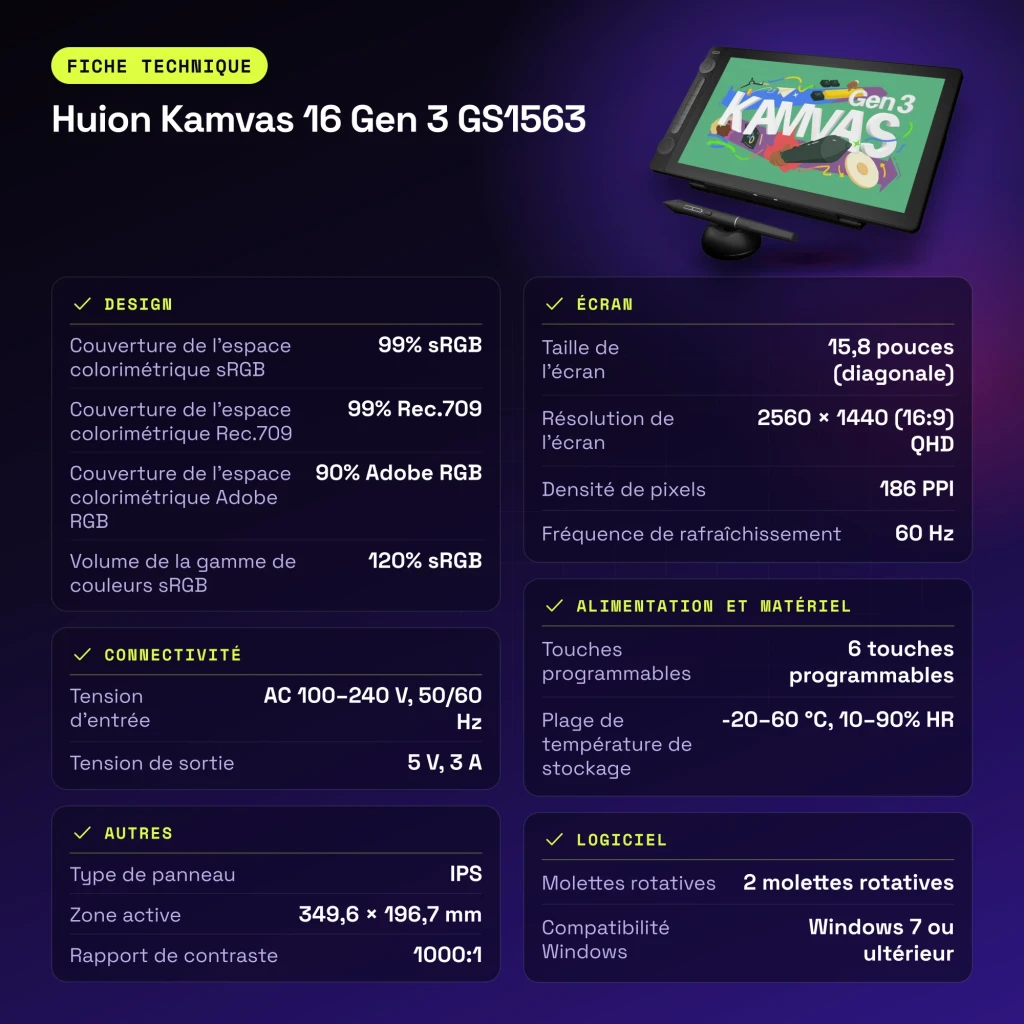 Tablet gráfica Huion Kamvas 16 Gen 3 Preto com Ecrã 15,8 polegadas QHD 2560x1440 GS1563 - características