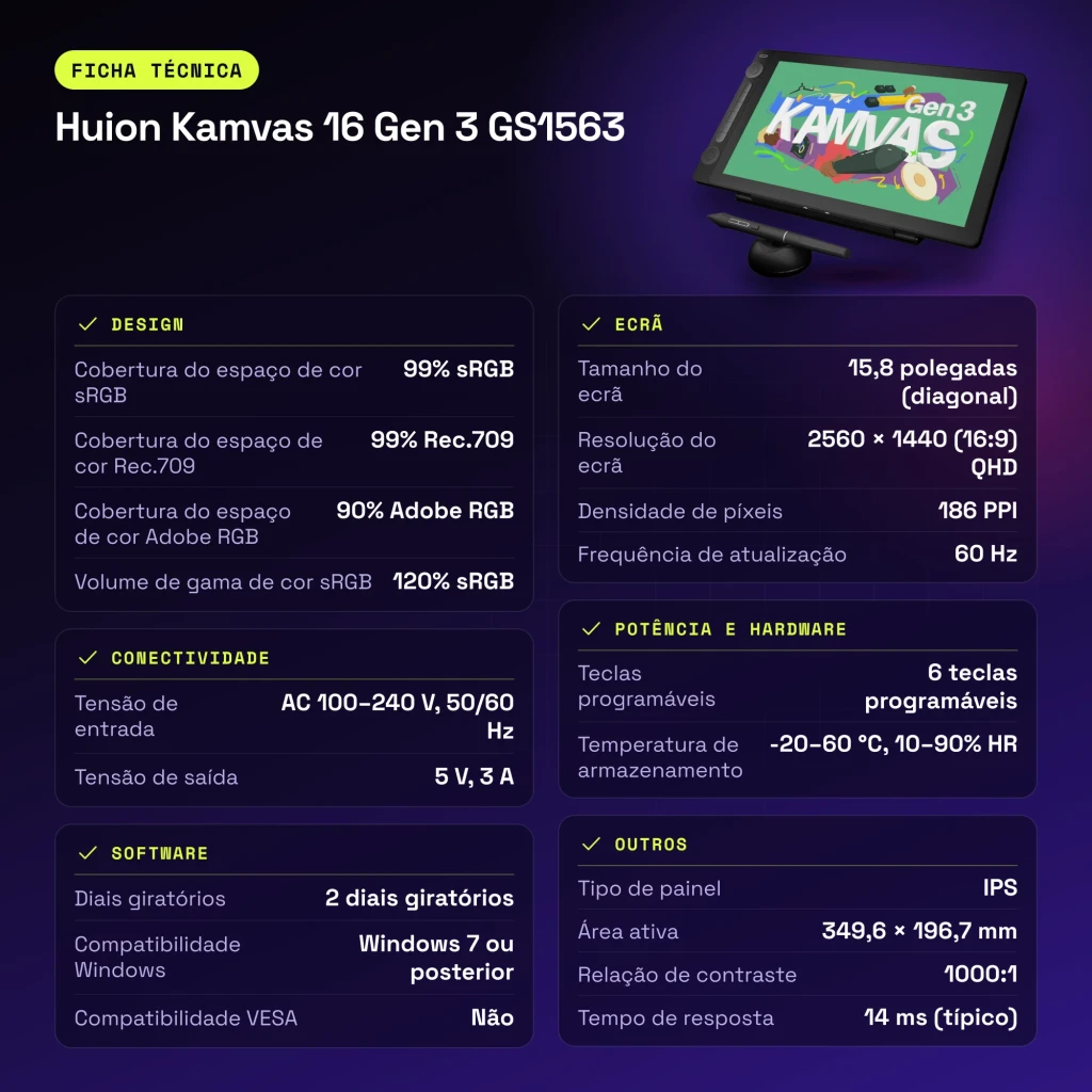 Tablet gráfica Huion Kamvas 16 Gen 3 Preto com Ecrã 15,8 polegadas QHD 2560x1440 GS1563 - características