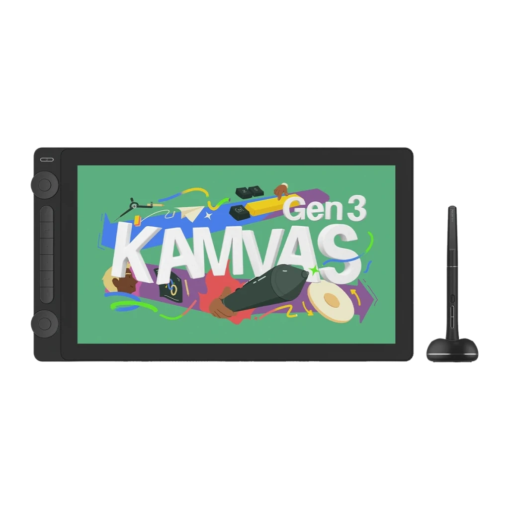 Tablet gráfica Huion Kamvas 16 Gen 3 Preto com Ecrã 15,8 polegadas QHD 2560x1440 GS1563, detalhe: ecrã aceso com logo Kamvas