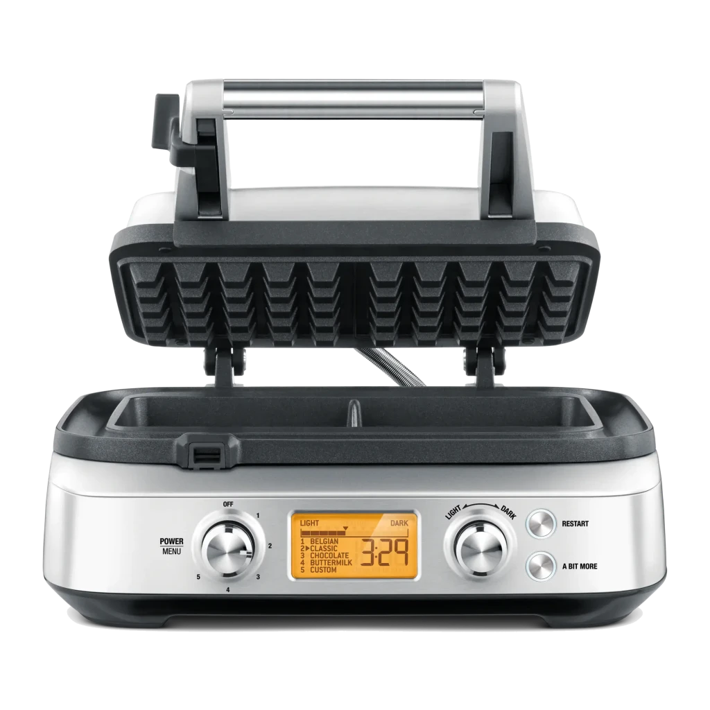 Gofrera Sage The Smart Waffle Pro 1000W Acero Inoxidable SWM620BSS4EEU1, vista frontal: tapa abierta con placa