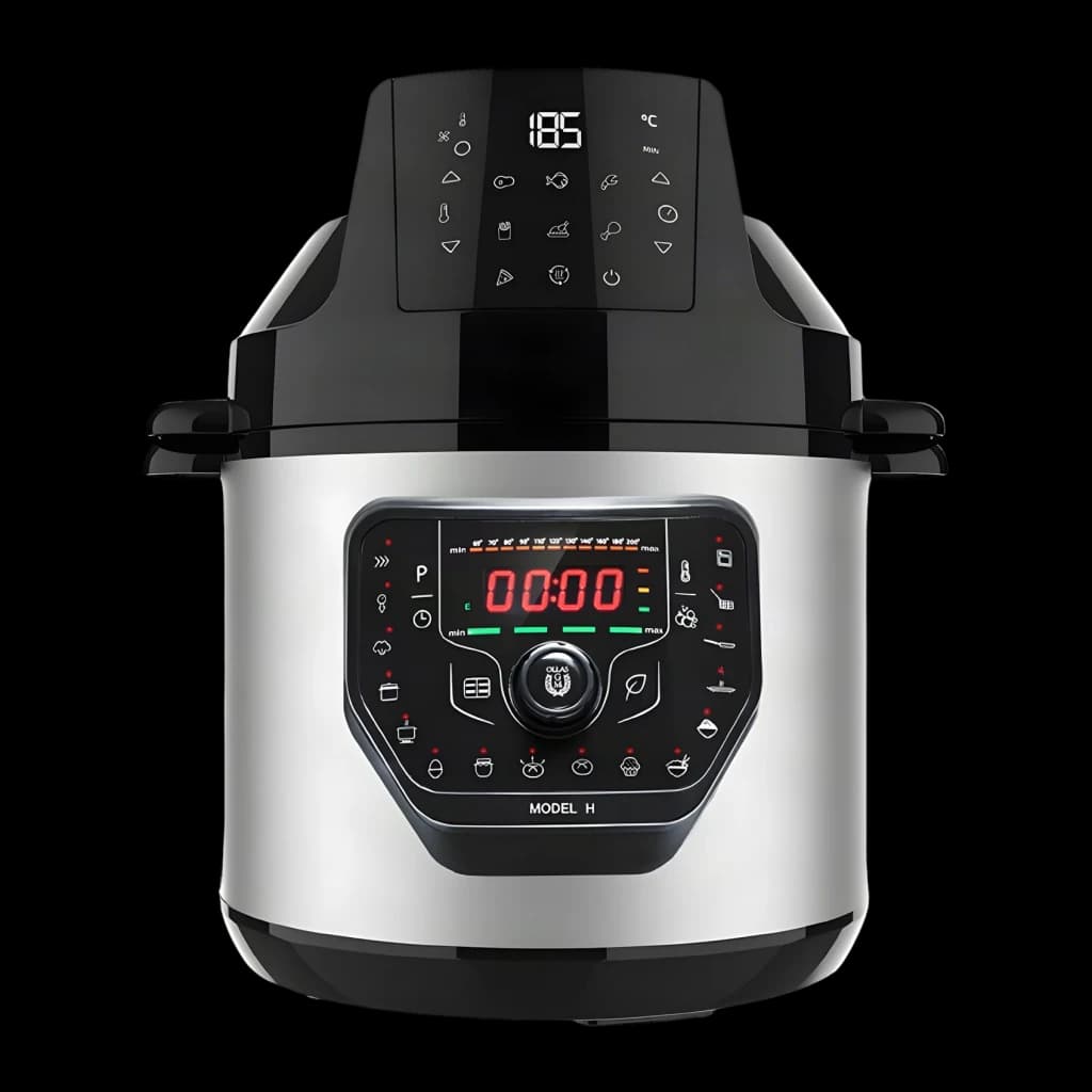 Autocuiseur programmable Cecotec GM H Fry 6L Noir, vue de face: panneau tactile supérieur affichant 185°C et écran LED rouge