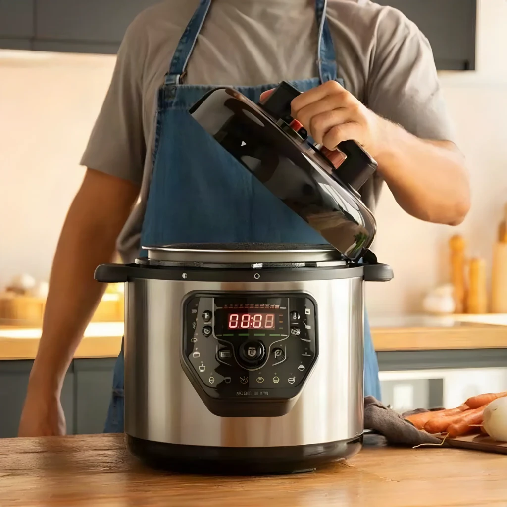 Autocuiseur programmable Cecotec GM H Fry 6L Noir, en utilisation: personne soulevant le couvercle, panneau digital visible
