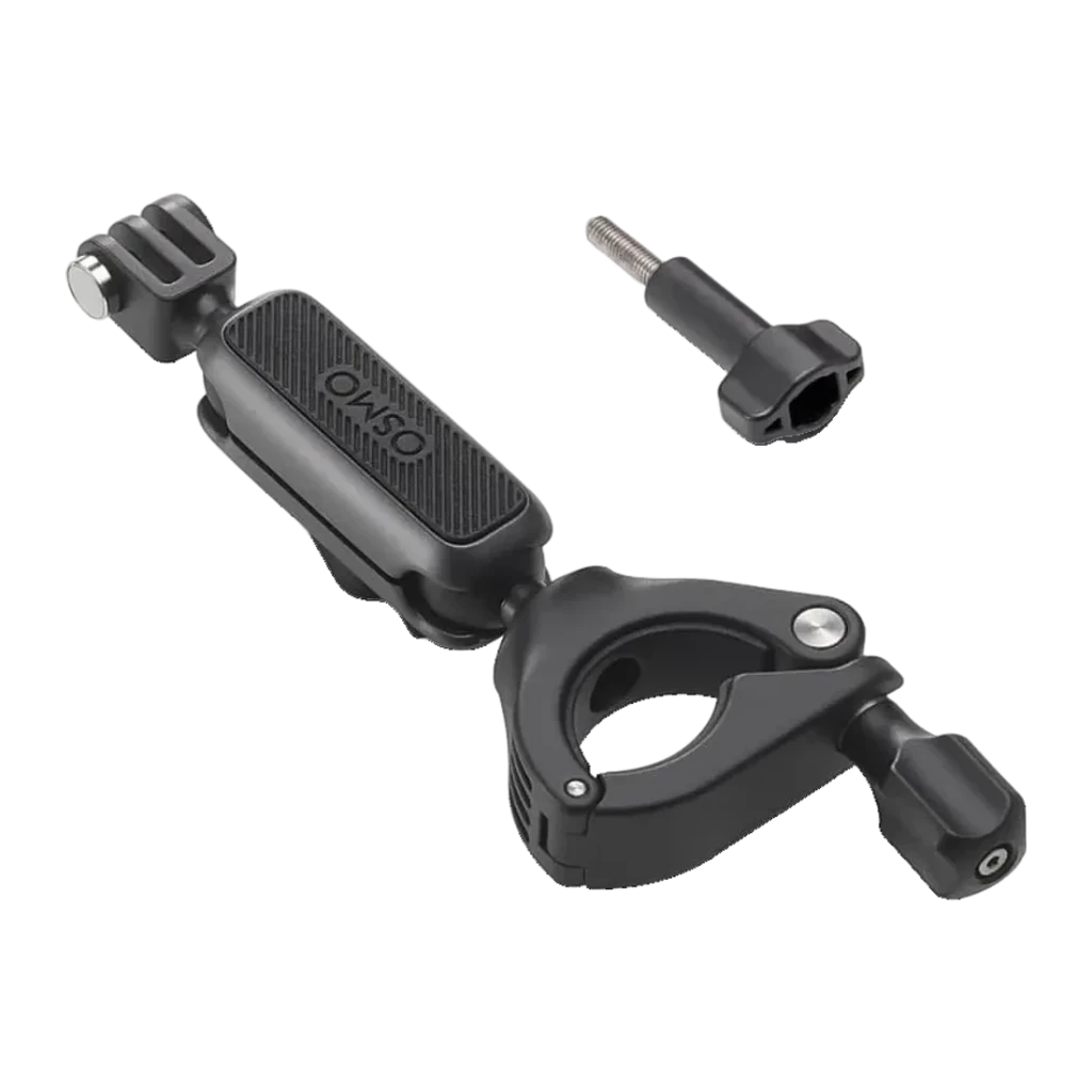 Suporte para Guiador DJI Osmo Action Handlebar Mount Preto, detalhe: abraçadeira circular, adaptador com logo Osmo