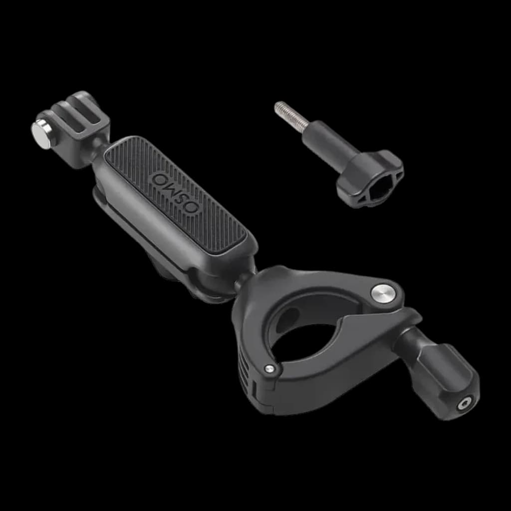 Suporte para Guiador DJI Osmo Action Handlebar Mount Preto, detalhe: abraçadeira circular, adaptador com logo Osmo