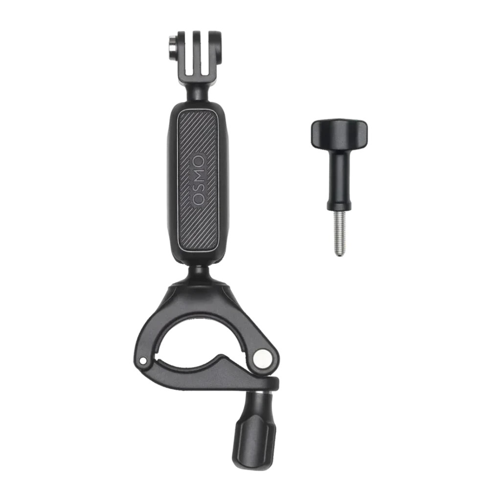 Suporte para Guiador DJI Osmo Action Handlebar Mount Preto, detalhe: abraçadeira, braço com logo OSMO e parafuso separado