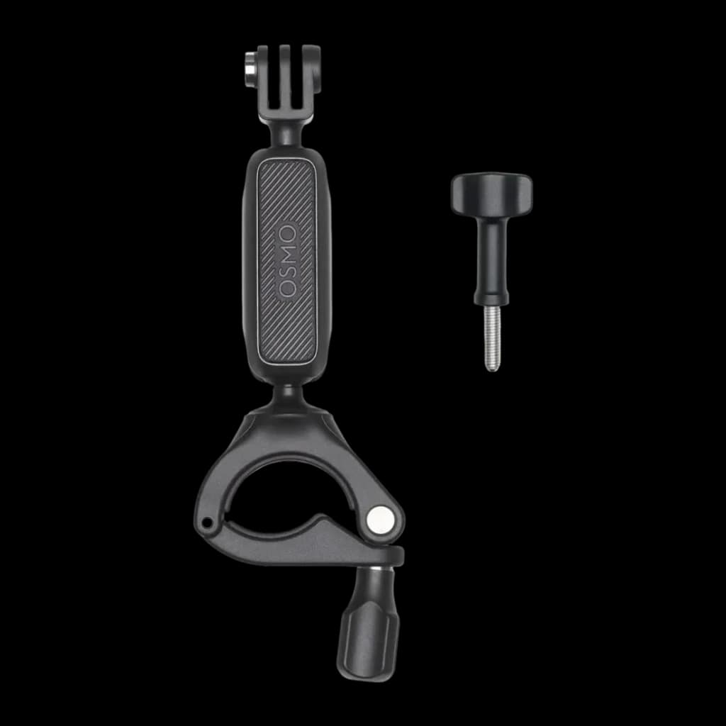Suporte para Guiador DJI Osmo Action Handlebar Mount Preto, detalhe: abraçadeira, braço com logo OSMO e parafuso separado