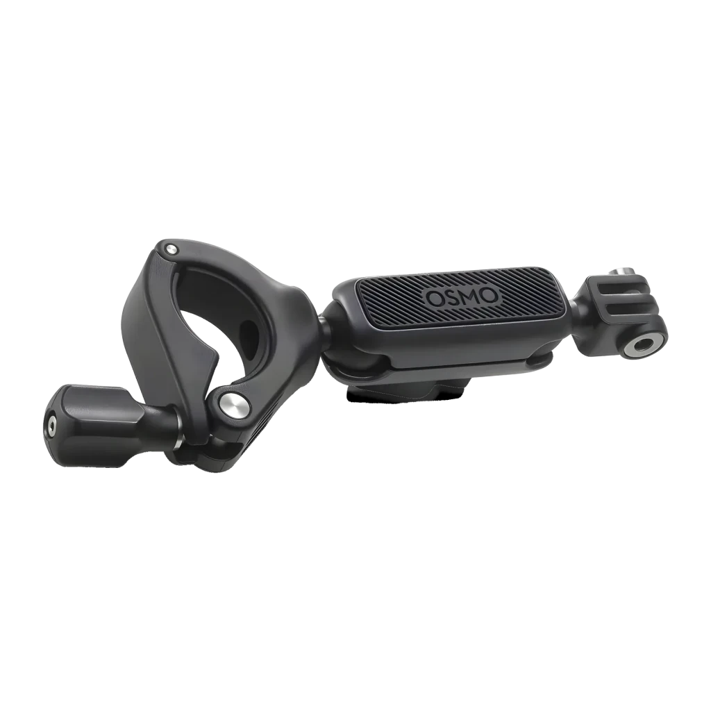 Suporte para Guiador DJI Osmo Action Handlebar Mount Preto, detalhe: abraçadeira circular, parafuso de aperto e plataforma