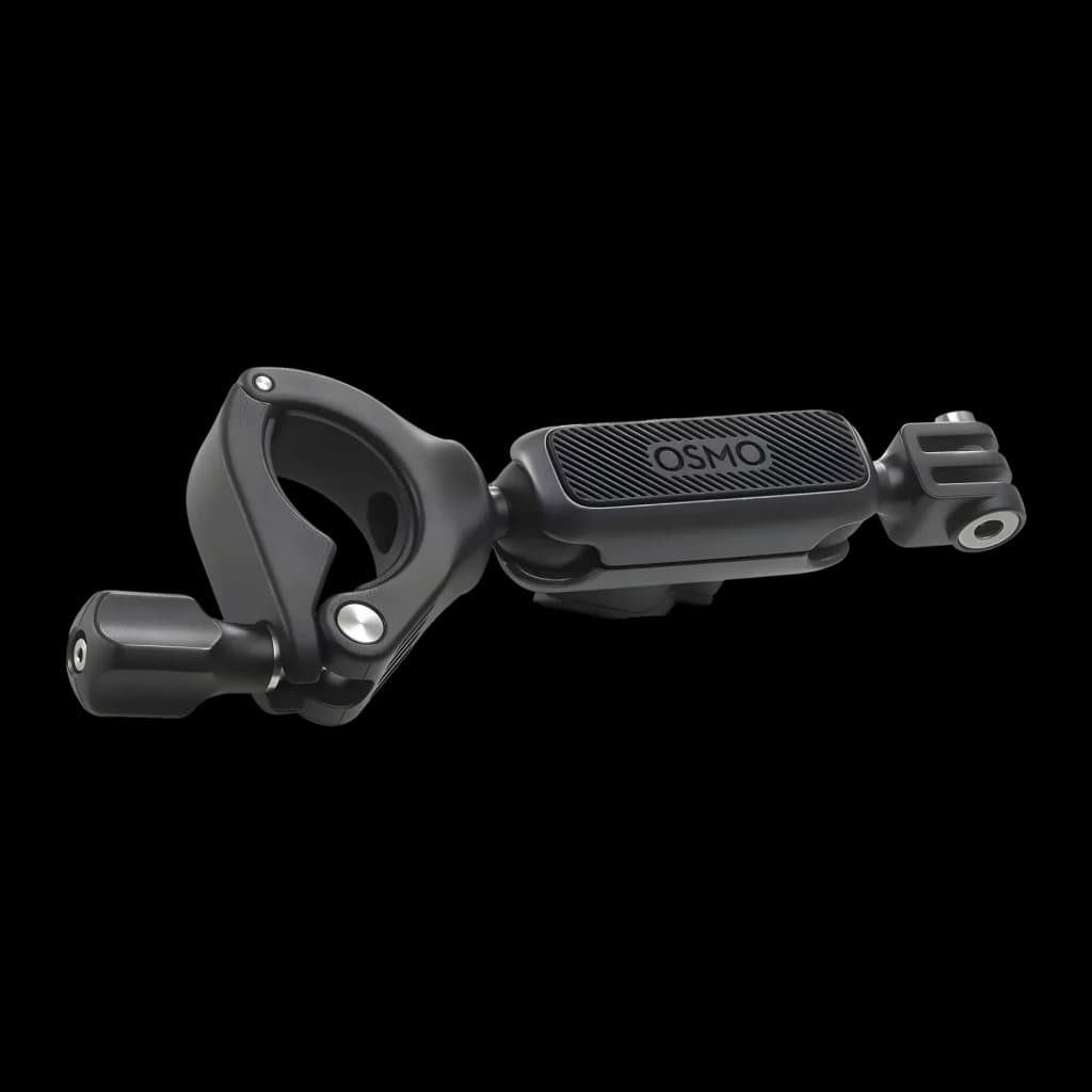Suporte para Guiador DJI Osmo Action Handlebar Mount Preto, detalhe: abraçadeira circular, parafuso de aperto e plataforma