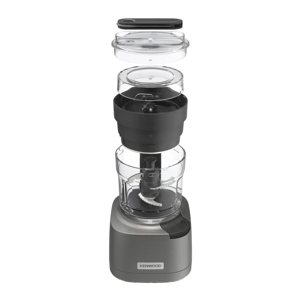 Hachoir Kenwood Duo Prep 0,5L 800W Argent CHP80.000SI, détail: vue éclatée avec couvercle, bol, lame et base argent séparés