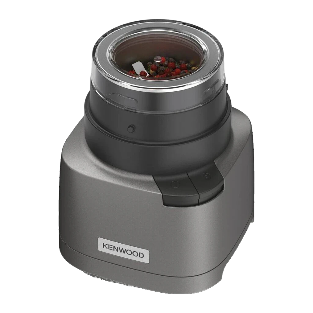 Hachoir Kenwood Duo Prep 0,5L 800W Argent CHP80.000SI, détail: vue du bol en plongée avec grains de poivre à l'intérieur