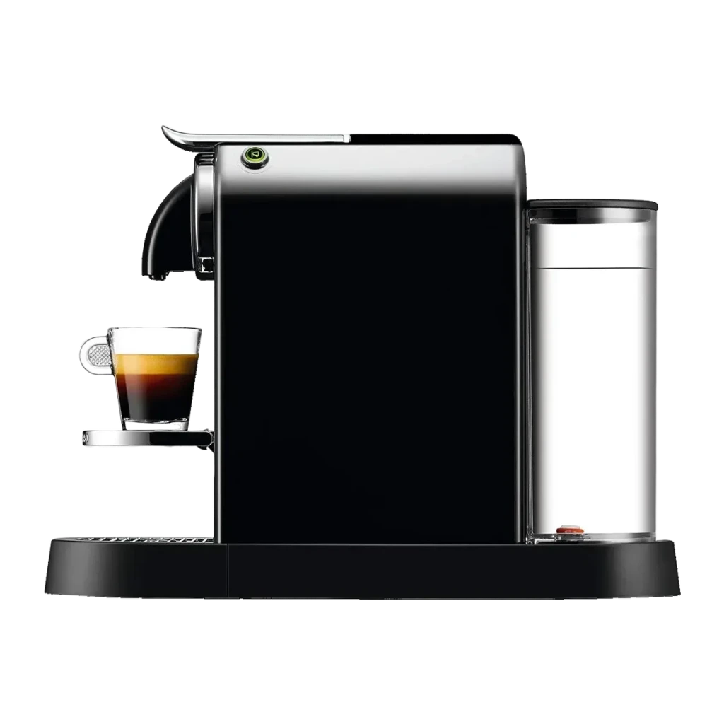 Cafetera de cápsulas De'Longhi Citiz EN 167.B 1L Nespresso 19bar Negro, detalle lateral: depósito de agua translúcido y taza