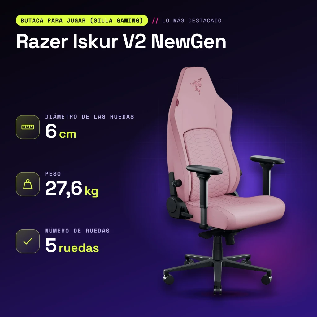 Fauteuil Gaming Razer Iskur V2 NewGen Rose Cuir synthétique 4D 136kg - caractéristiques