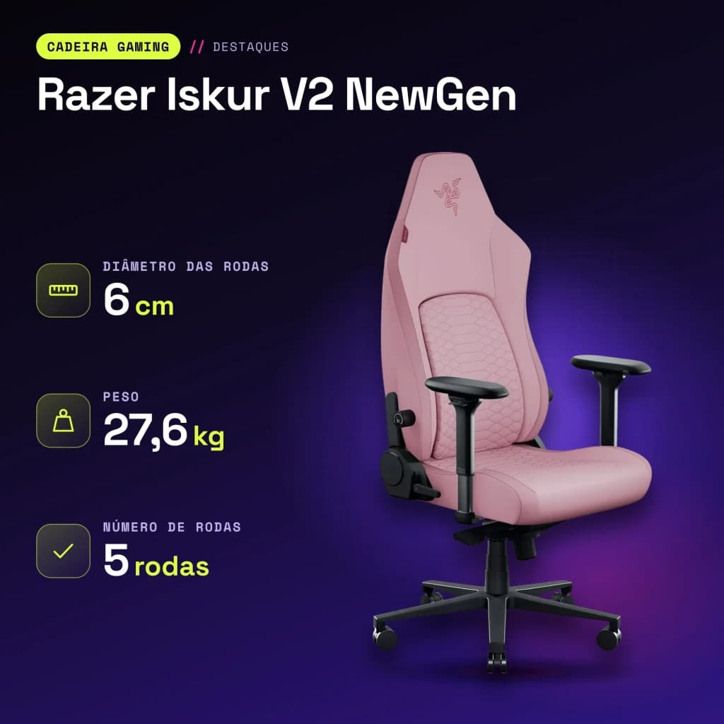 Fauteuil Gaming Razer Iskur V2 NewGen Rose Cuir synthétique 4D 136kg - caractéristiques