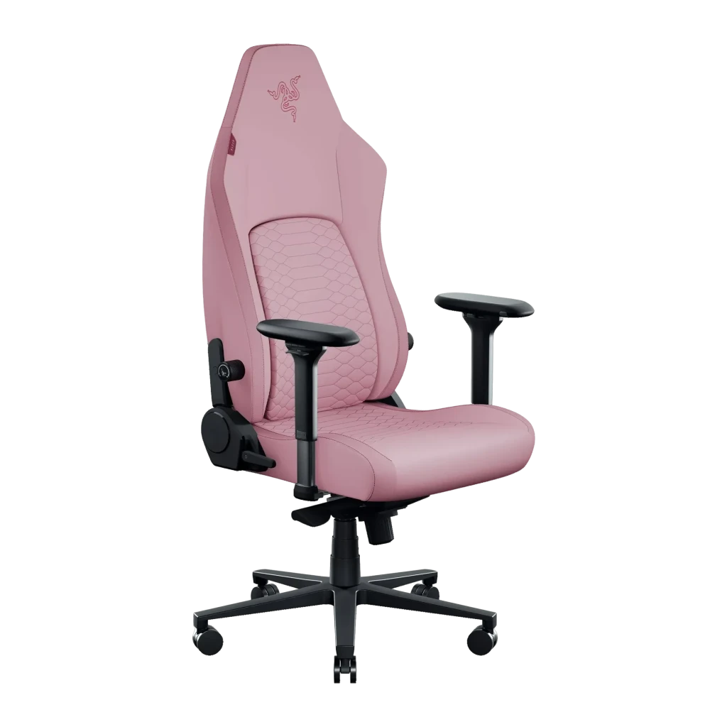 Fauteuil Gaming Razer Iskur V2 NewGen Rose Cuir 4D 136kg, vue de face: revêtement rose coutures losange, logo Razer