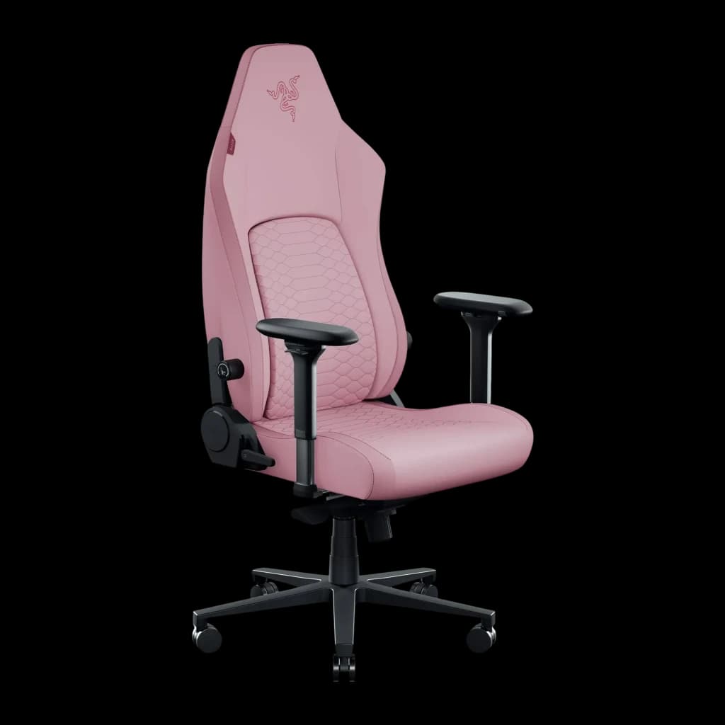 Fauteuil Gaming Razer Iskur V2 NewGen Rose Cuir 4D 136kg, vue de face: revêtement rose coutures losange, logo Razer