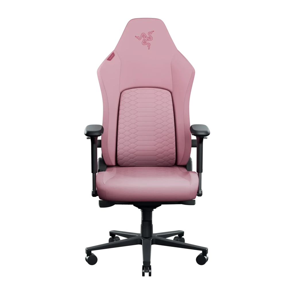 Fauteuil Gaming Razer Iskur V2 NewGen Rose Cuir 4D 136kg, détail face avant: revêtement rose coutures hexagonales, logo