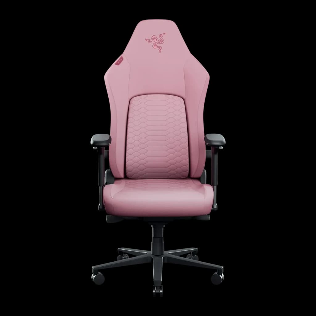 Fauteuil Gaming Razer Iskur V2 NewGen Rose Cuir 4D 136kg, détail face avant: revêtement rose coutures hexagonales, logo